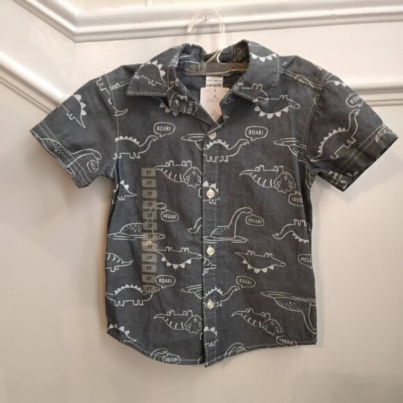NWT Toddler Boys’ Dinosaur Button-Down Shirt – Gray Short Sleeve (2T) - Picture 3 of 3